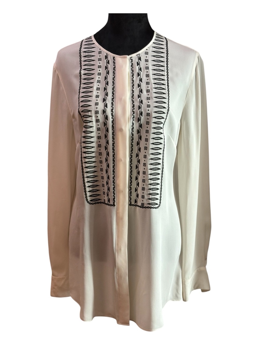 Veronica Beard Tunic Blouse 100% Silk Ivory W/Black Embroider Long Sleeve Sz 8